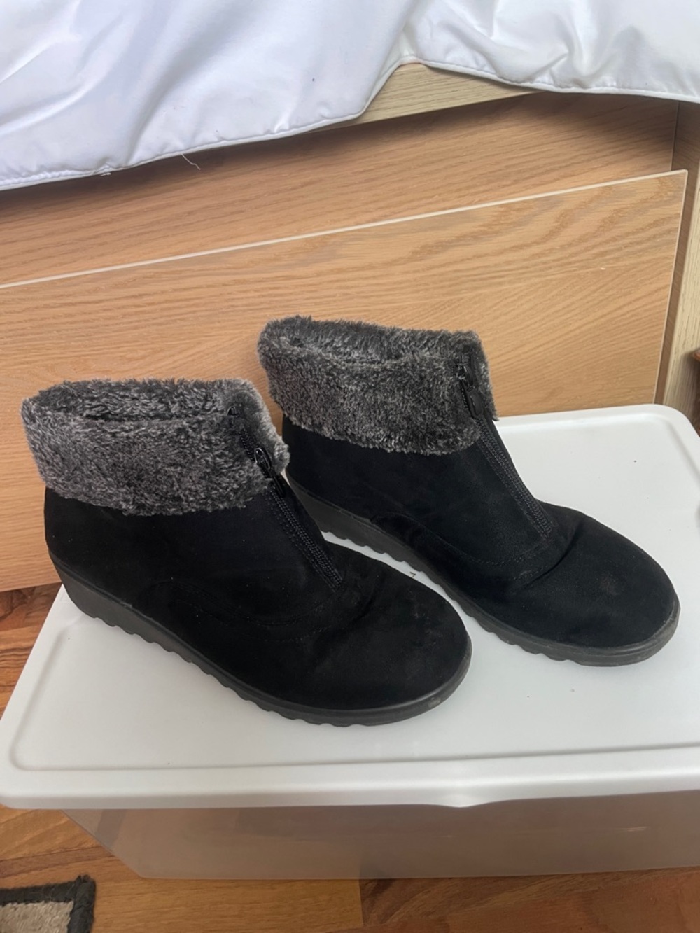 Women's Black Faux-Suede Winter Ankle Boots with Gray Faux-Fur Cuff